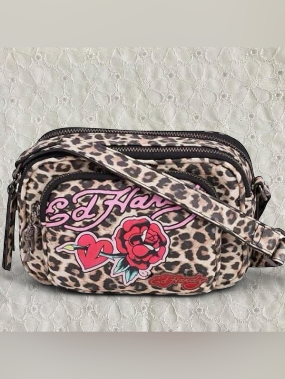Ed Hardy Leopard Crossbody Bag with Pink Logo and Red Rose Patch
